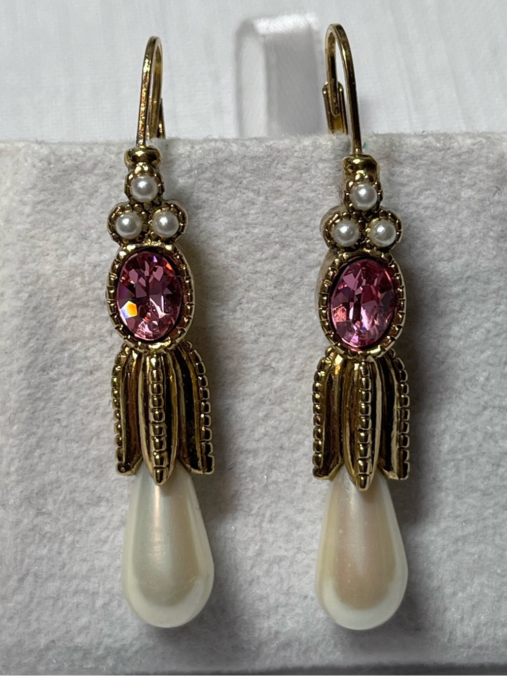 Gold-Tone Pink Crystal and Pearl Drop Leverback Earrings